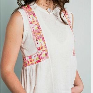 Free People White and Pink Embroidered Tank Top Small